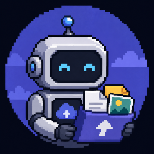 Pixel art robot holding a folder of uploaded files — the ImageUploader Discord bot